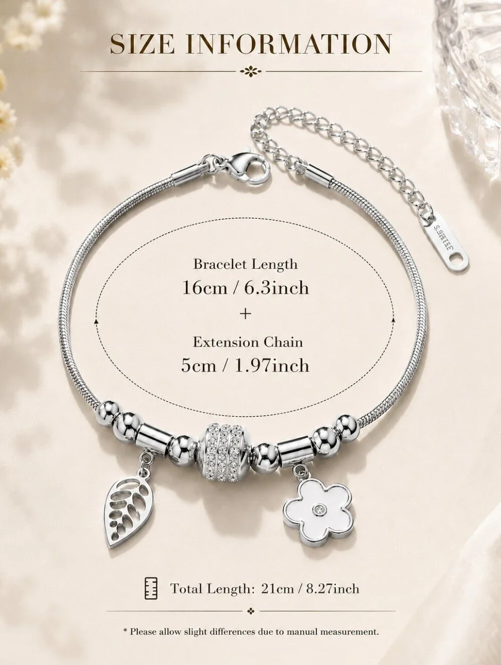 Silver Charm Bracelet with Crystal Bead, Flower & Leaf Charms | Adjustable Stain